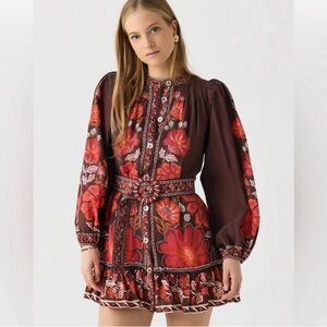 Farm Rio Gigi Tapestry Mini Dress floral balloon sleeve brown red size small